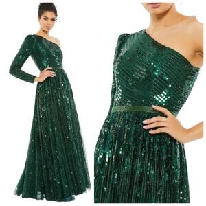 Mac Duggal 5508 Emerald Green Sequin One Shoulder Prom Evening Gown Size 4